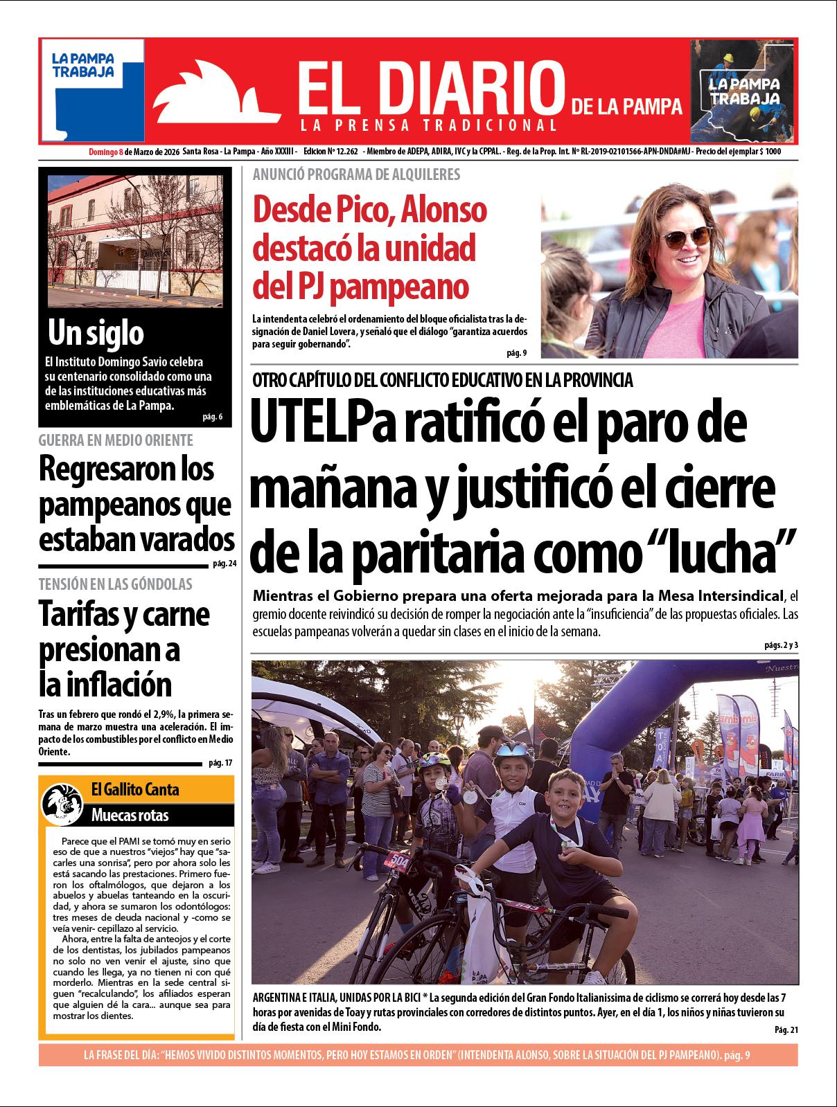 Tapa de El Diario en papel  domingo 08 de marzo de 2026